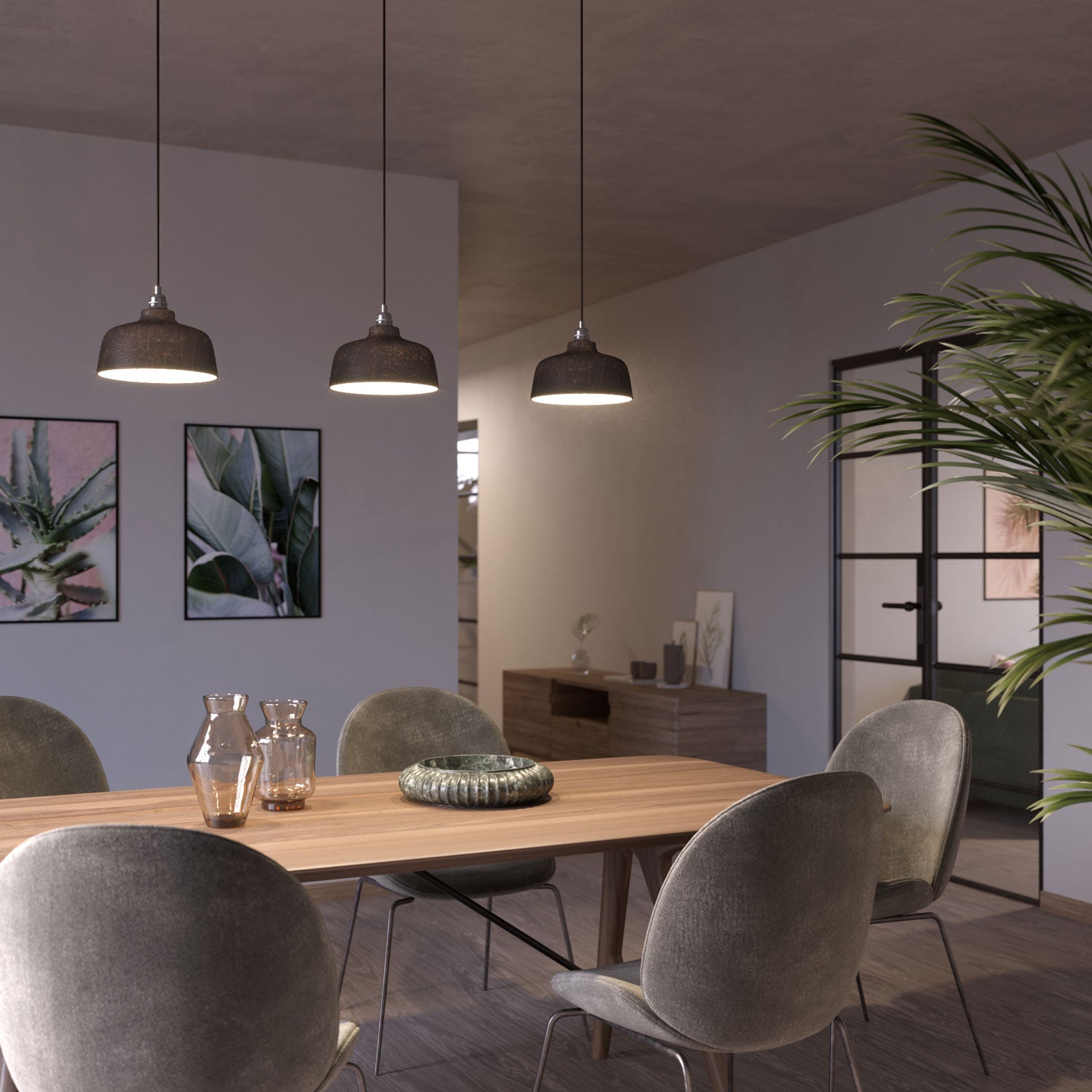 Lampada a sospensione completa di cavo tessile, paralume Coppa in ceramica e finiture in metallo - Effetto corten