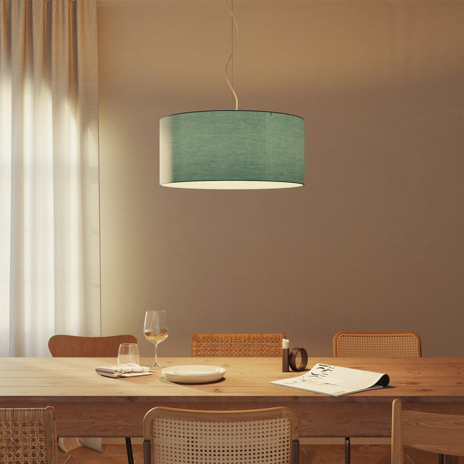 Lampada a sospensione con paralume in tessuto Cilindro Large - Made in Italy - Teletta Verde Dubbio No