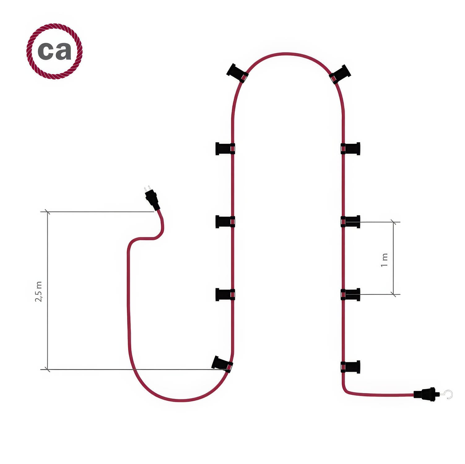Catenaria Sistema Lumet da 12,5 m con cavo tessile CZ04, 10 portalampada, gancio e spina bianchi