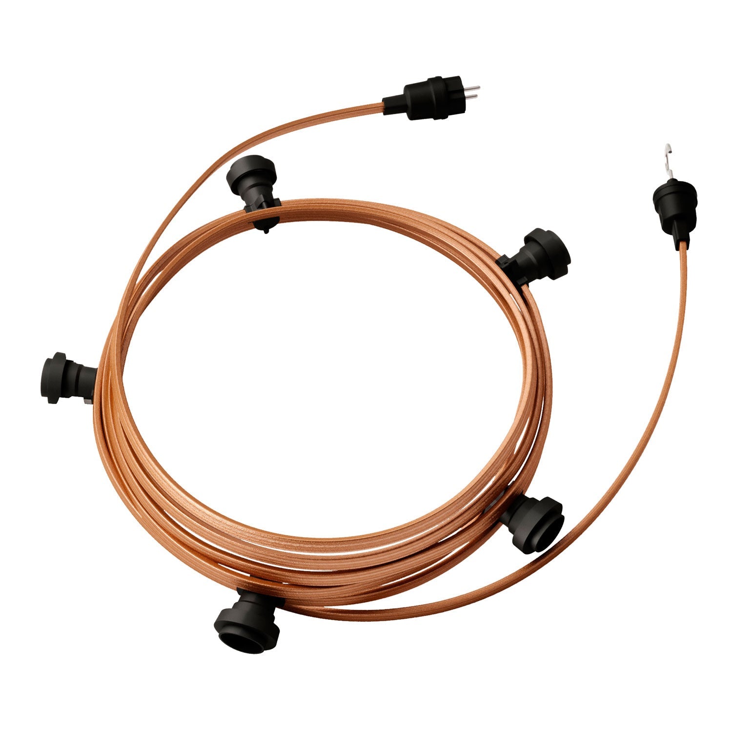 Catenaria Sistema Lumet da 7,5 m con cavo tessile CM22, 5 portalampada, gancio e spina neri