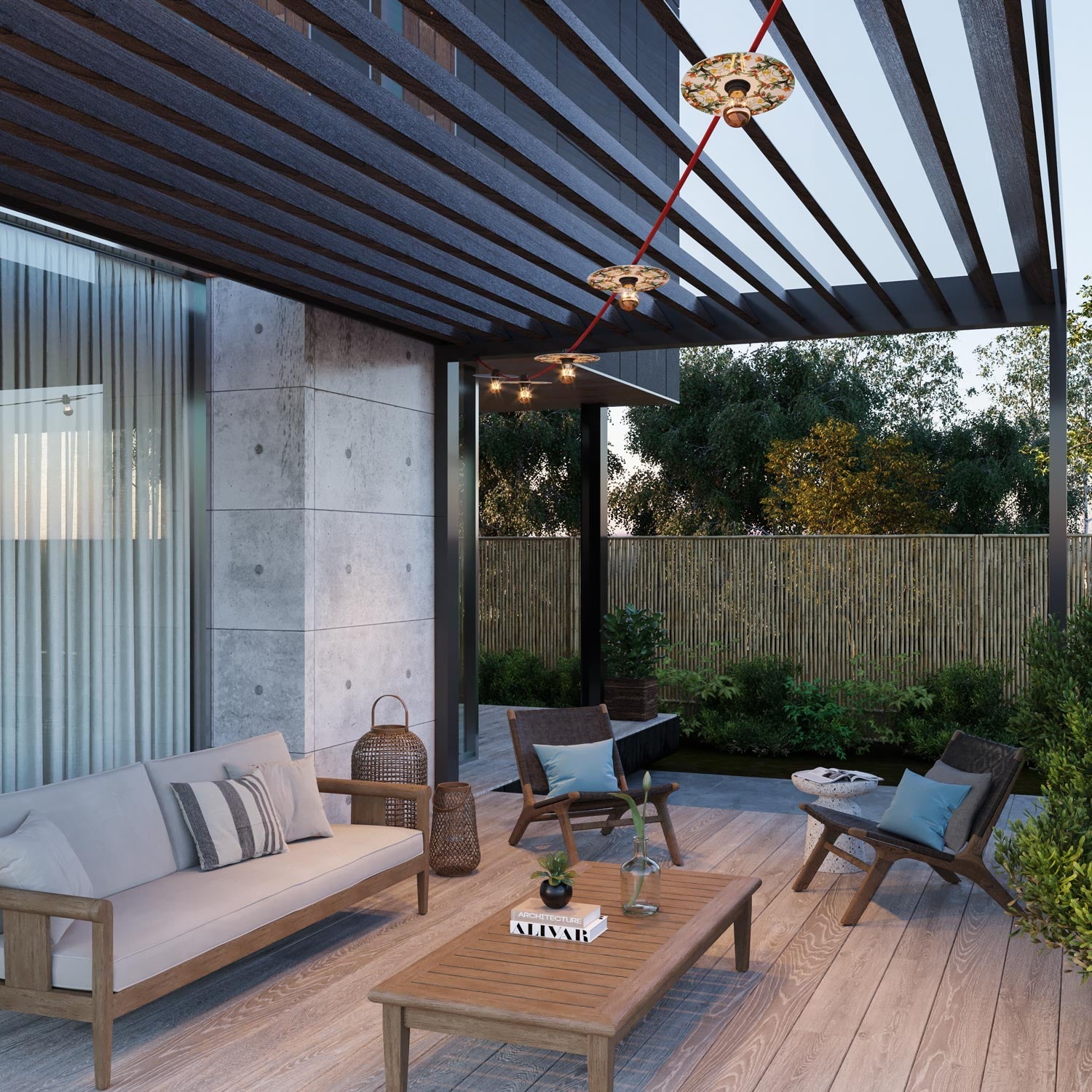 Catenaria Sistema Lumet 'Maioliche' da 7,5 m con cavo tessile, 5 portalampada e paralumi Rosso e Verde, gancio e spina nera