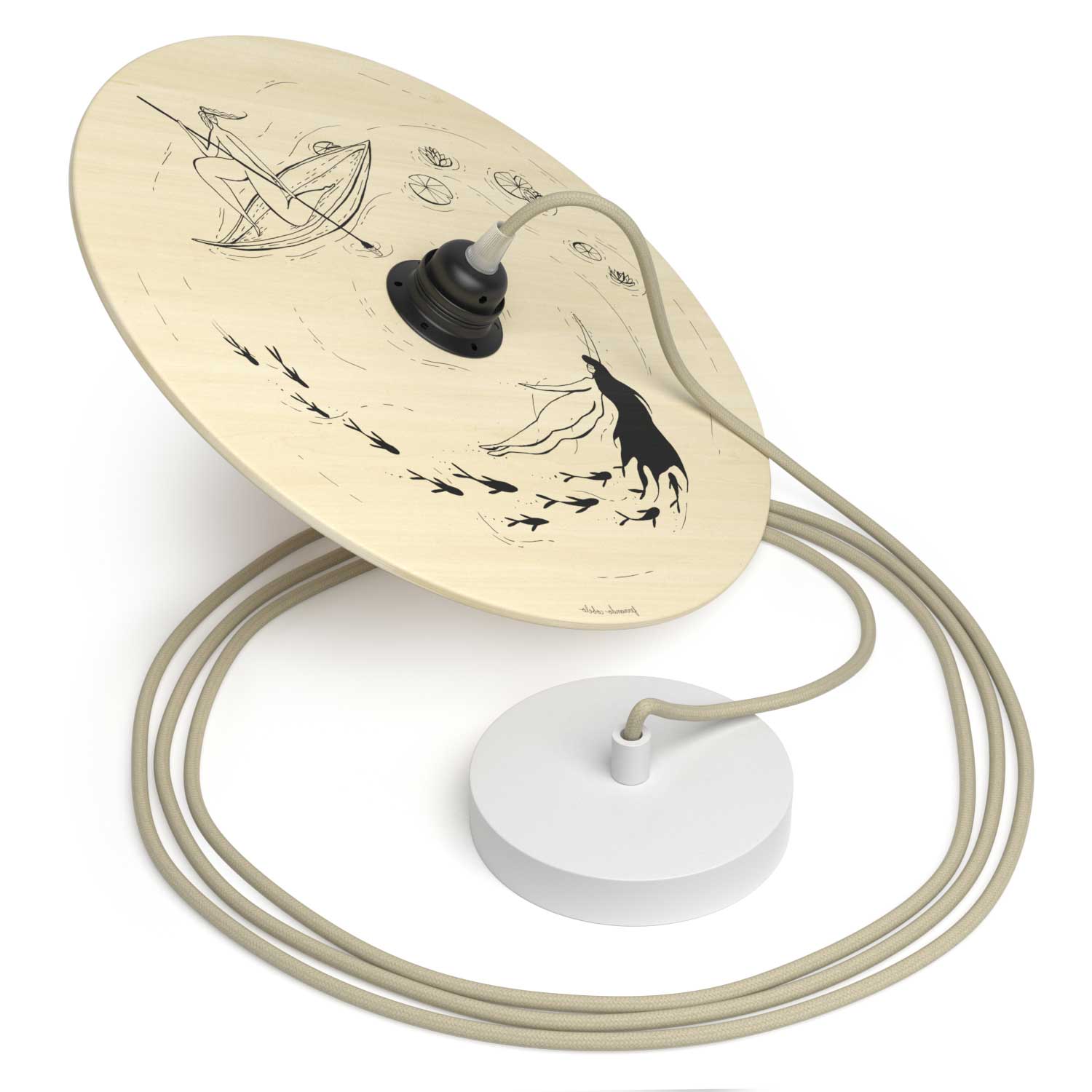 Lampada a sospensione completa di cavo tessile, paralume in legno UFO double-face e finiture in metallo - Fernando Cobelo