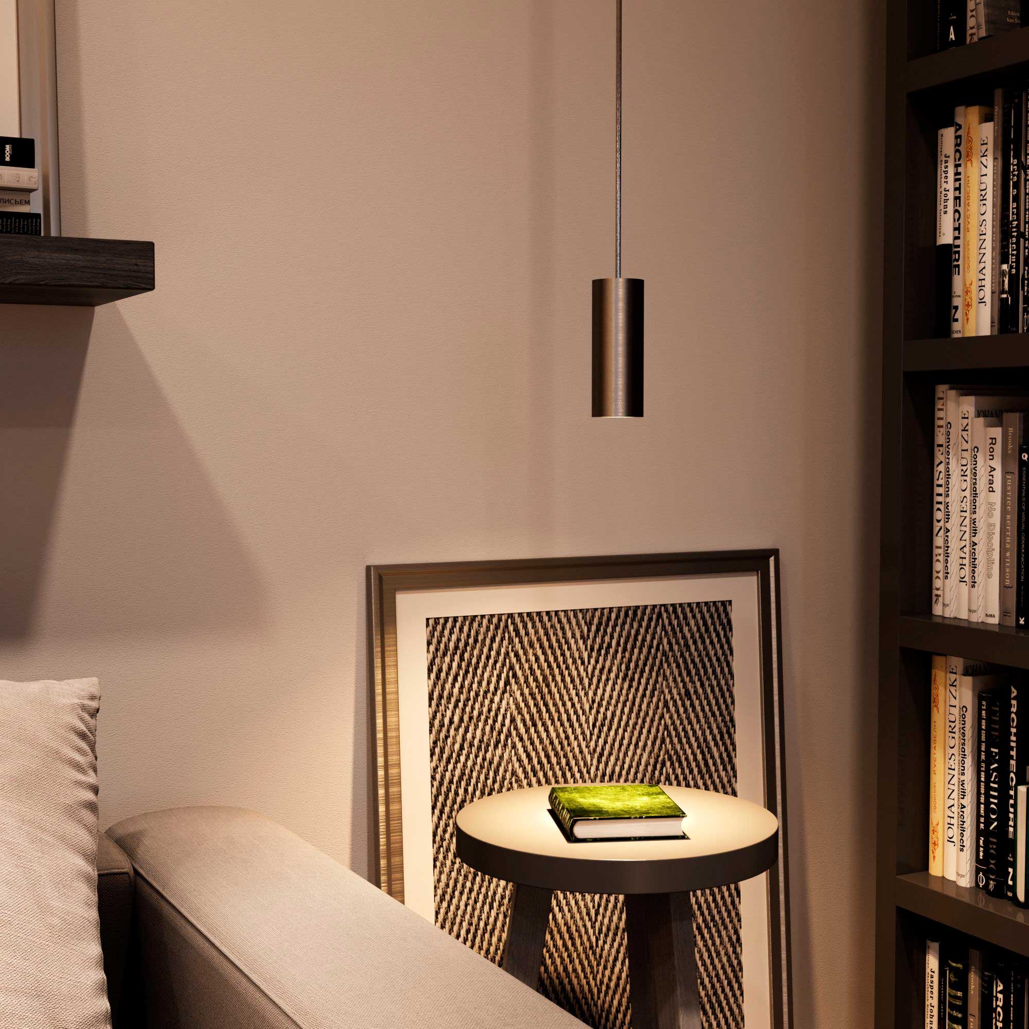 Lampada a sospensione completa di cavo tessile, paralume Tub-E14 e finiture in metallo - Titanio satinato