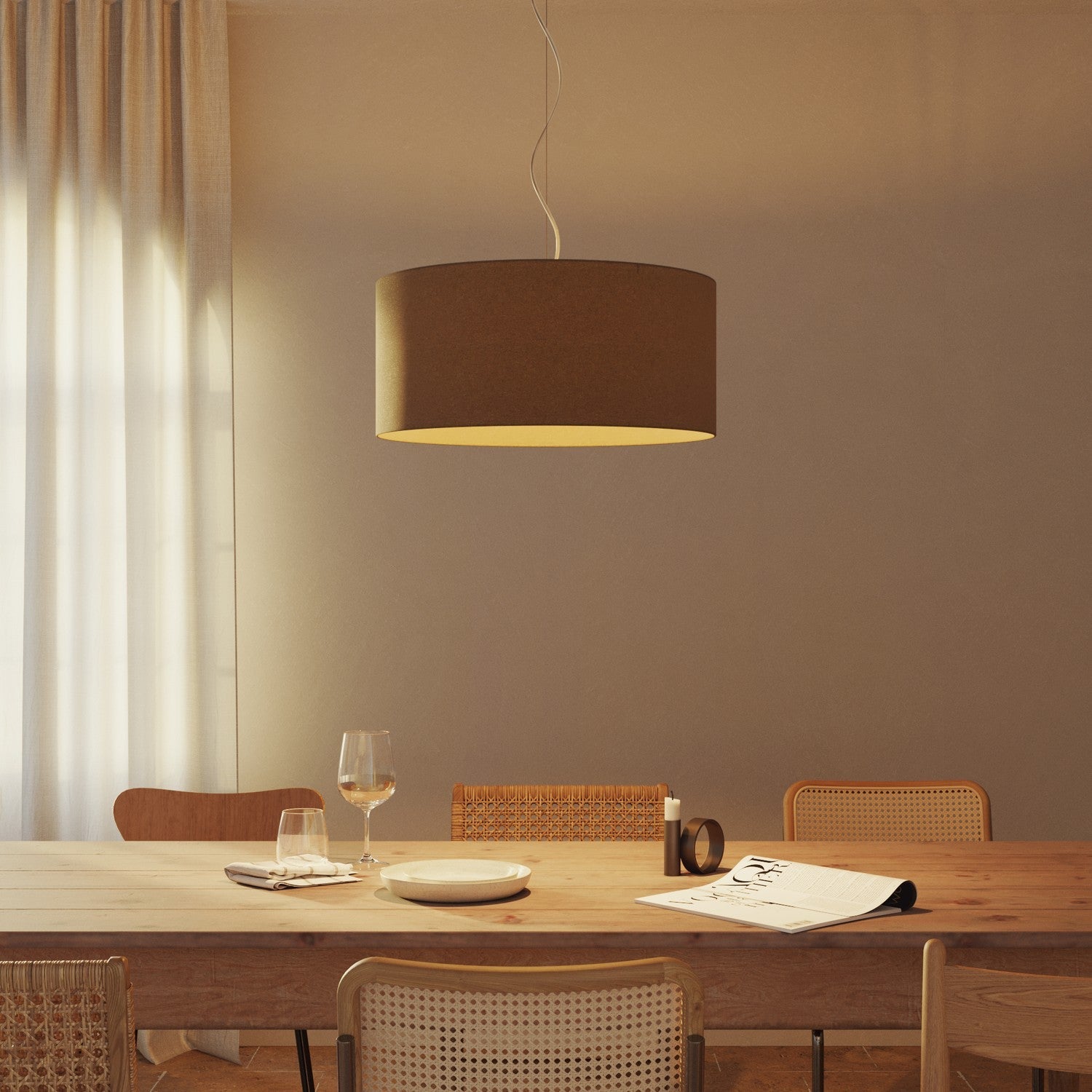 Lampada a sospensione con paralume in tessuto Cilindro Large - Made in Italy - Lana Marrone No