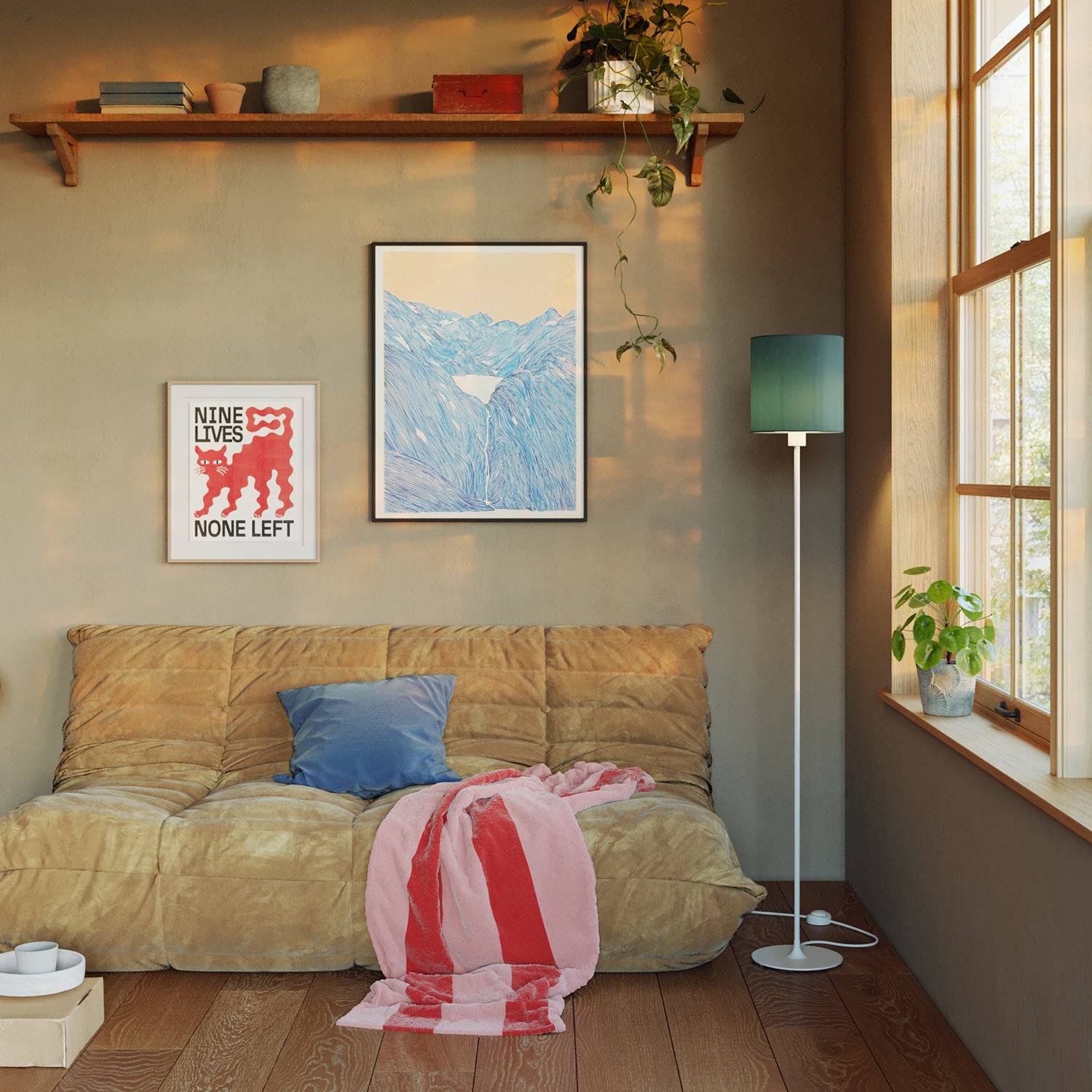 Lampada da terra MAG-Y con base metallica tonda e paralume Cilindro M - Bianco opaco