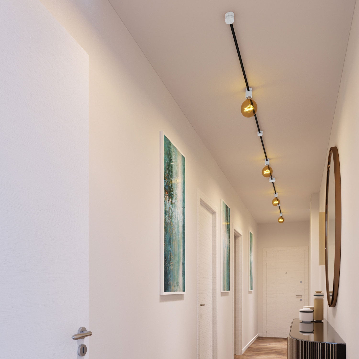 Sistema Filé Symmetric Kit - con cavo CM04 di 5 m per catenaria e 9 componenti in legno verniciato bianco per interni