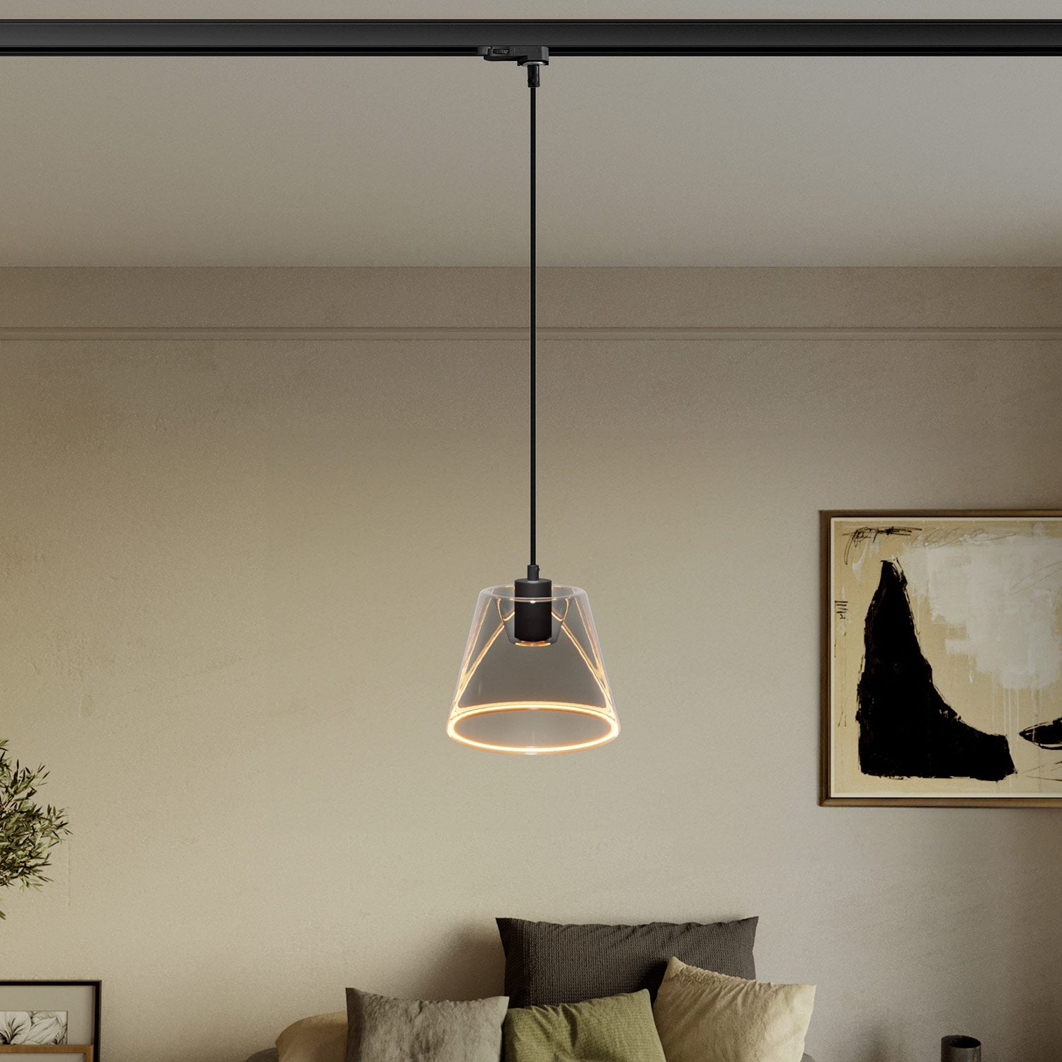 Sospensione per binari con lampadina Ghost a cono smoky - Nero