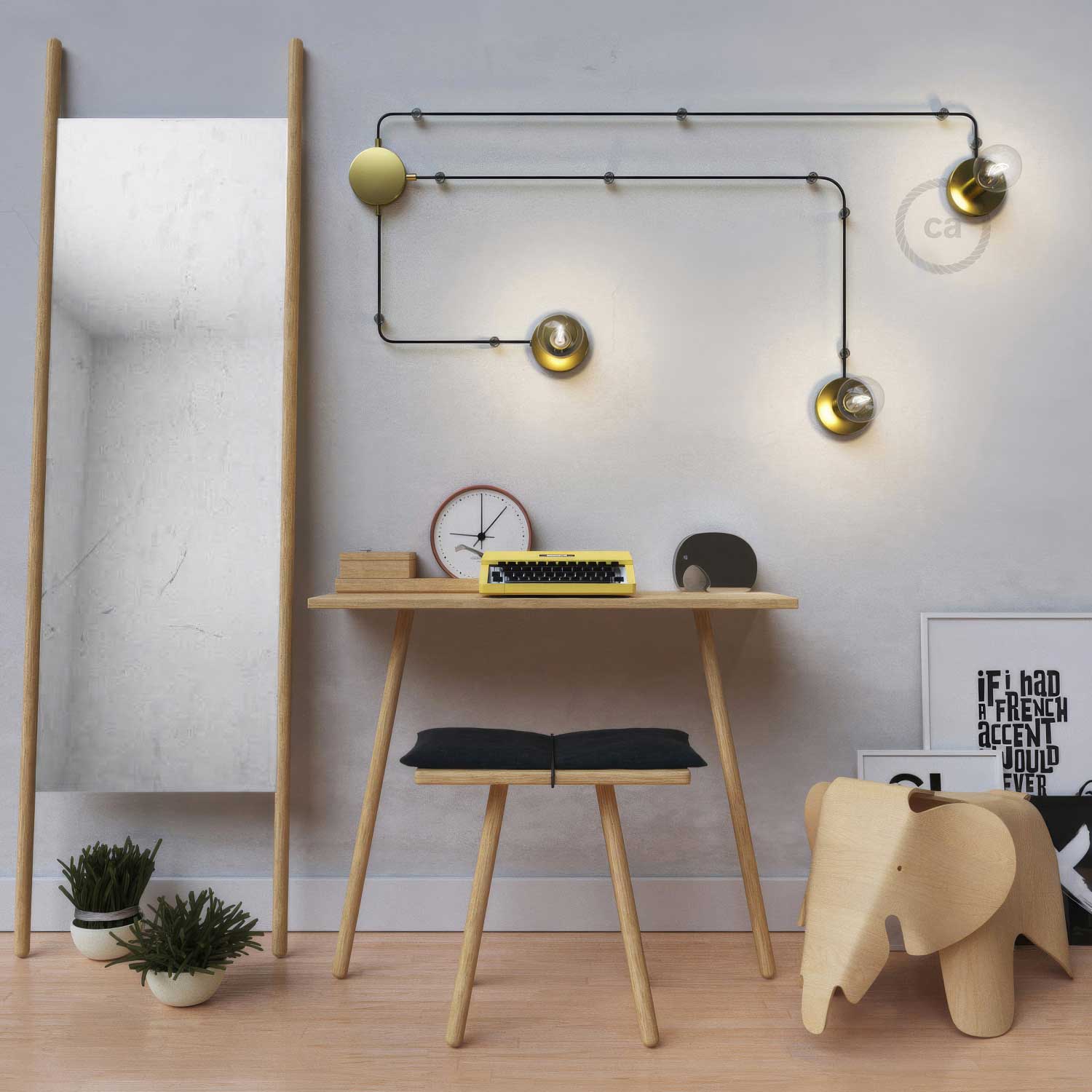 Spostaluce, il punto luce in metallo completo di cavo tessile e fori laterali - Ottone