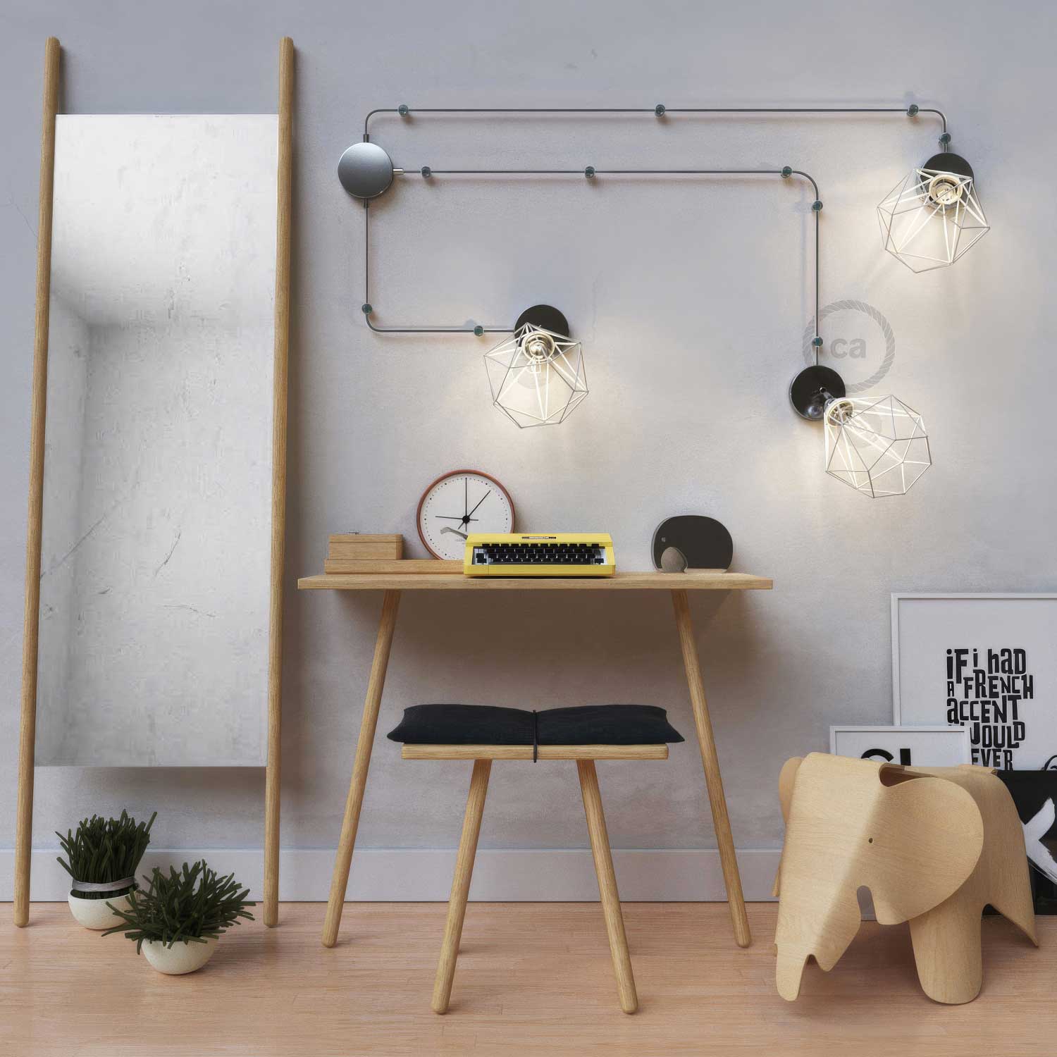 Spostaluce Metallo 90° orientabile, completo di portalampada E27 filettato, cavo tessile e fori laterali - Cromo